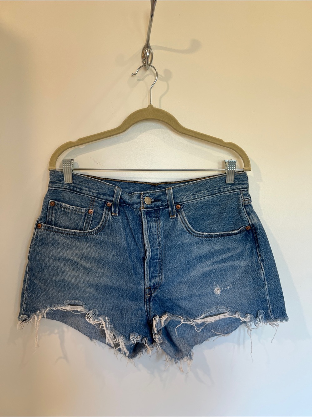 Levi's Distressed Medium Blue Denim Cutoff Shorts